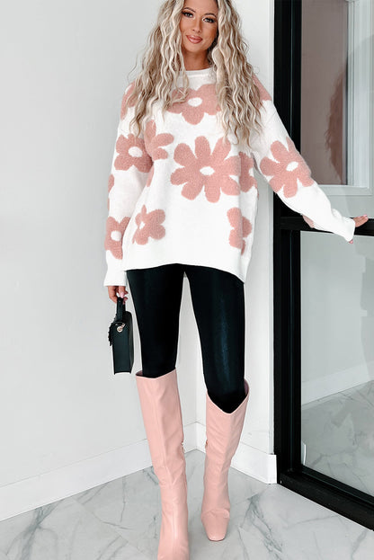 Floral-inspired white drop shoulder sweater for relaxed winter vibes