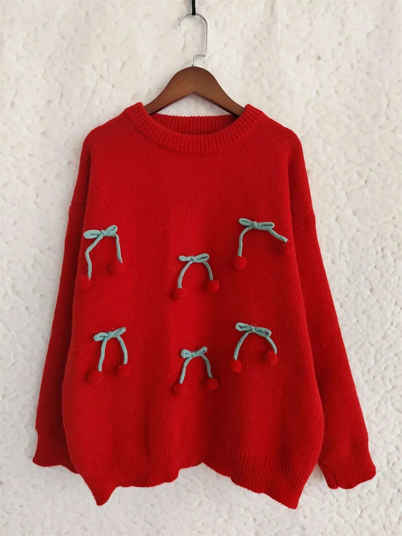 Cherry Pom-Pom Knit Round Neck Sweater Simply Love