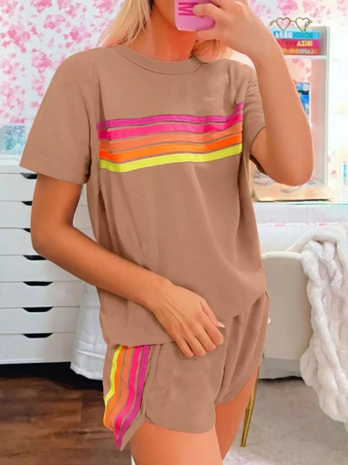 Rainbow Striped Round Neck Top and Shorts Set Simply Love