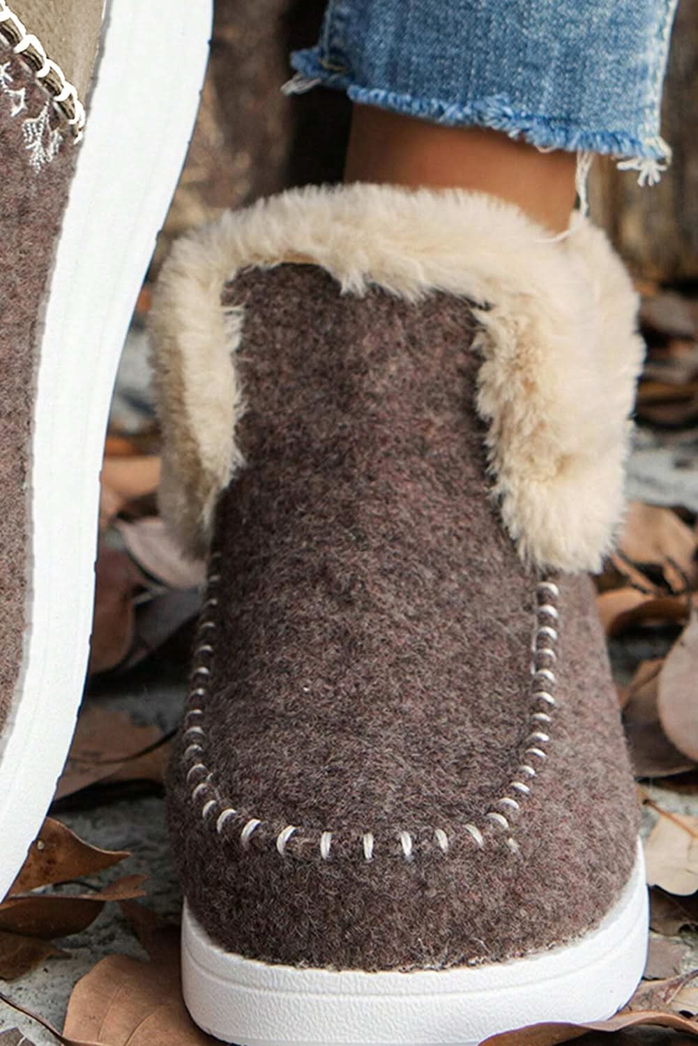 Coffee Faux Suede Plush Lined Ankle Boots with Stitch Detail