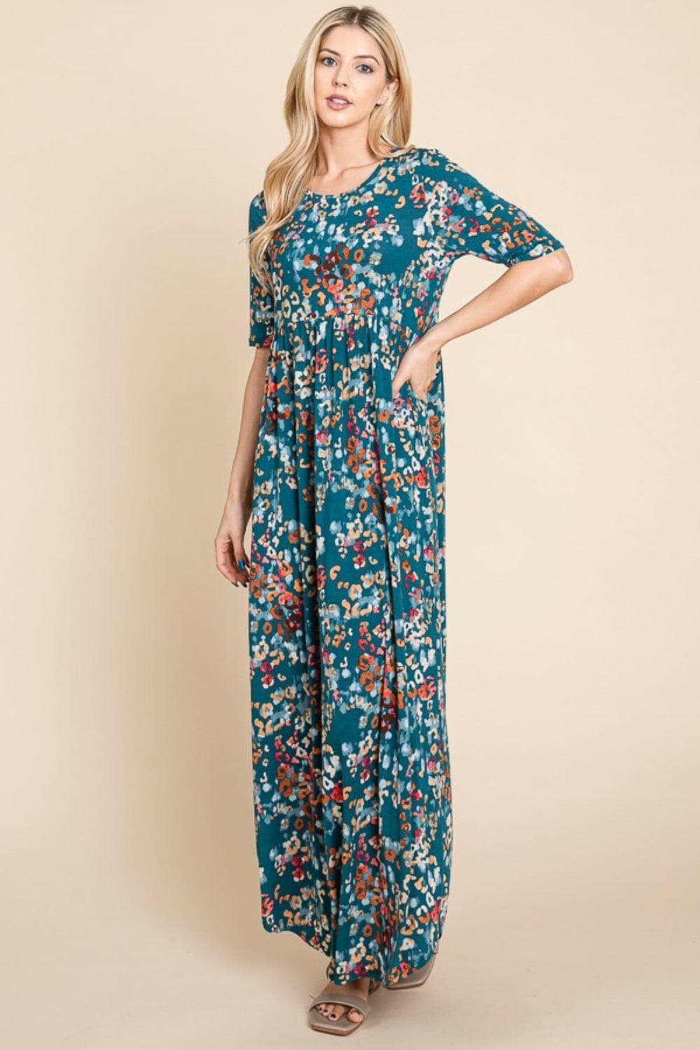 BOMBOM Printed Shirred Maxi Dress.