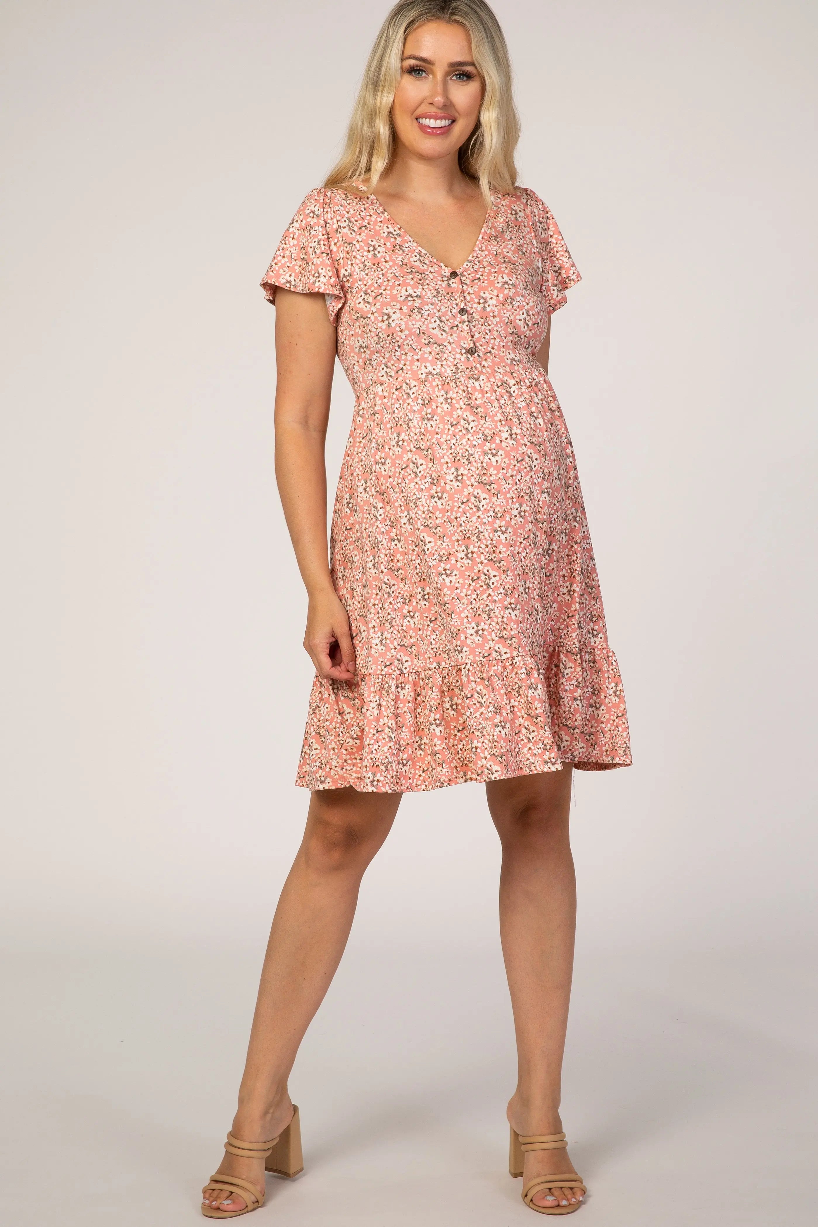 Pink Floral Ruffle Accent Maternity Dress PinkBlush