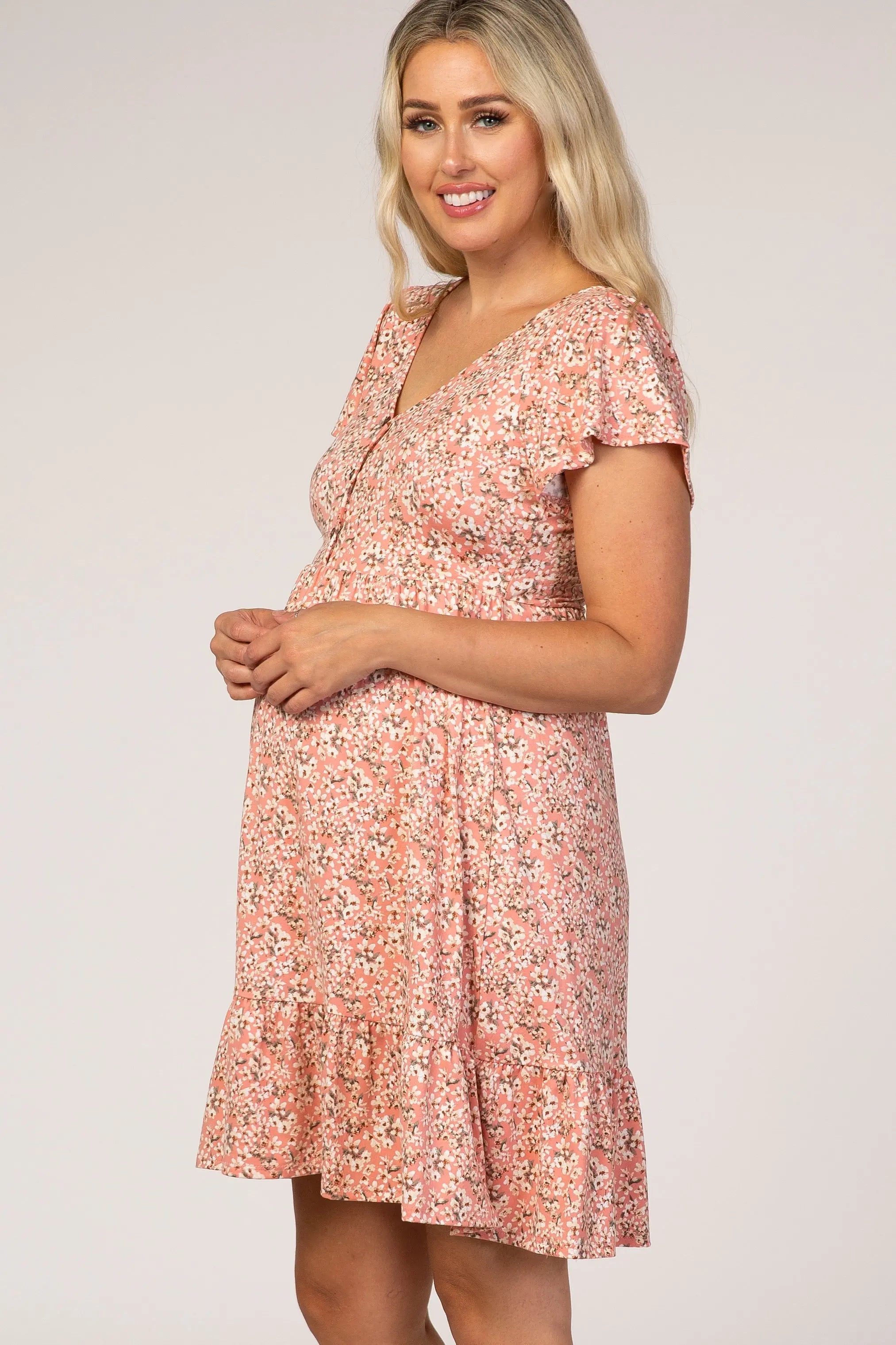 Pink Floral Ruffle Accent Maternity Dress PinkBlush