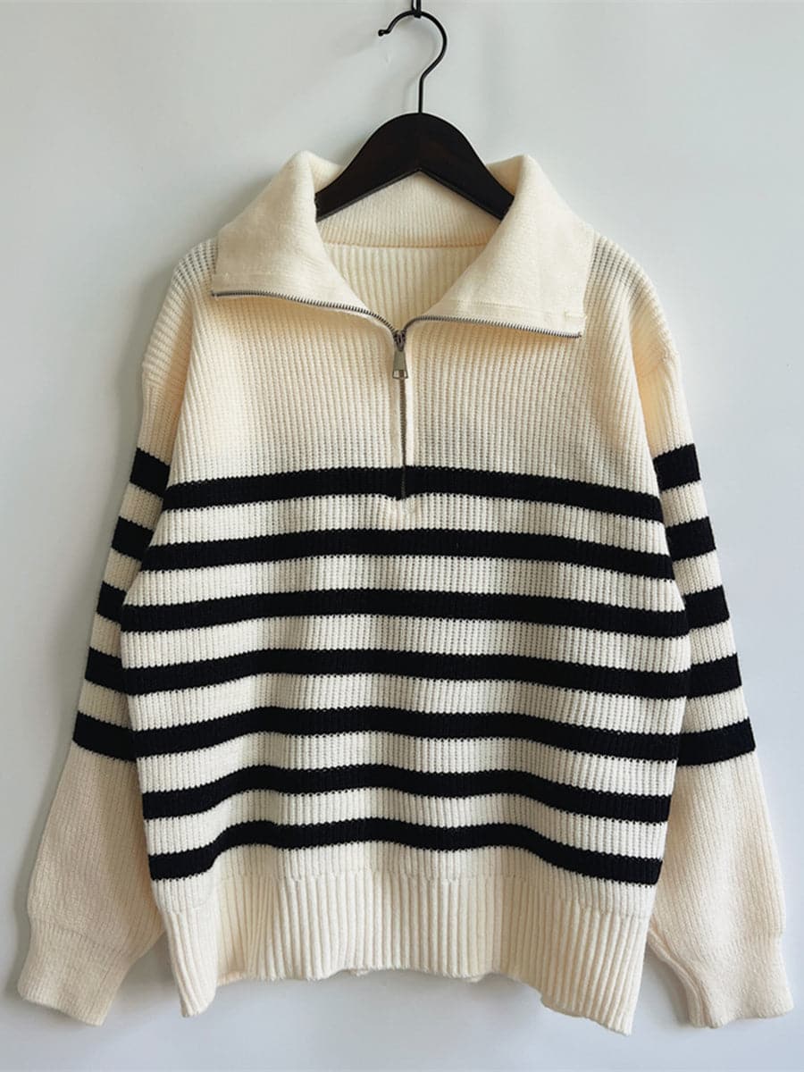 Striped Half Zip Collared Sweater.