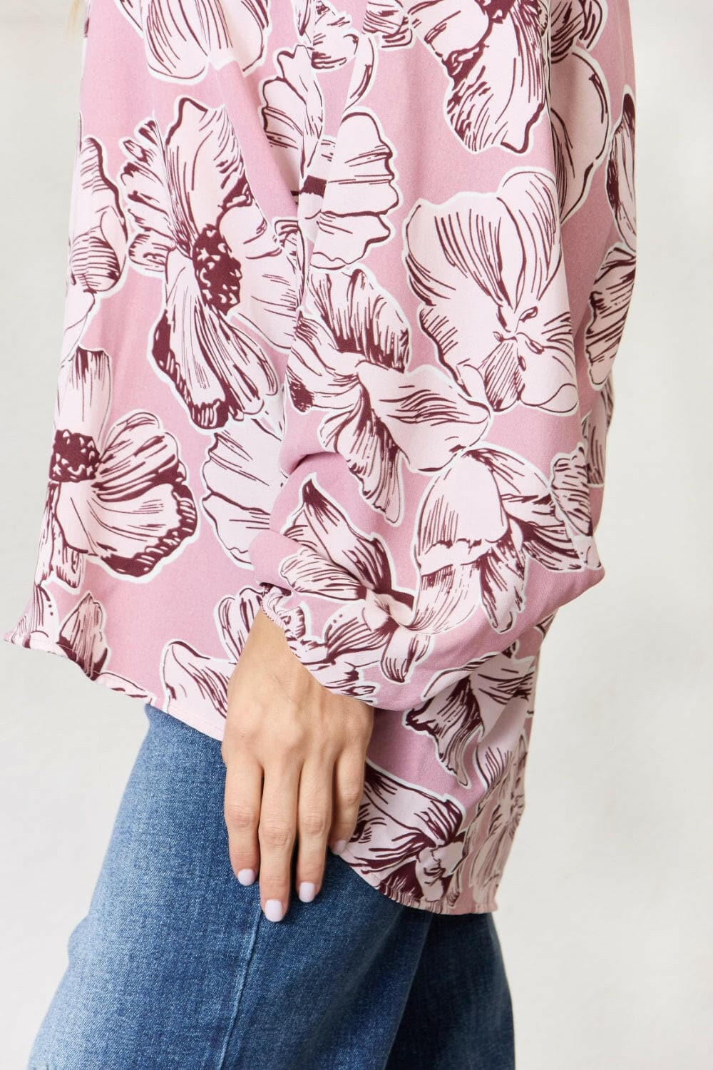 Heimish Full Size Floral V-Neck Balloon Sleeve Blouse.