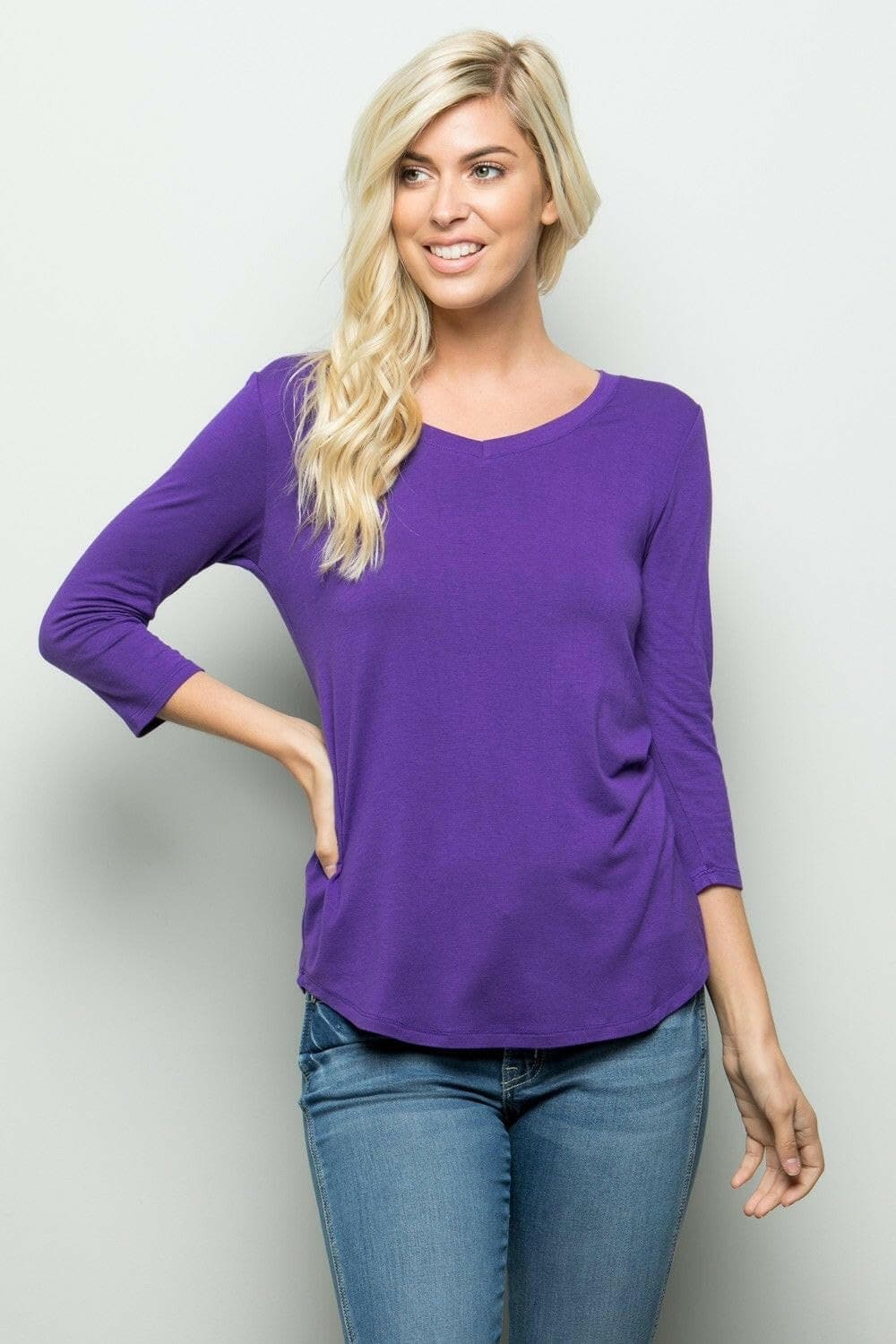 Celeste elegant three-quarter sleeve v-neck t-shirt in purple - plus size available