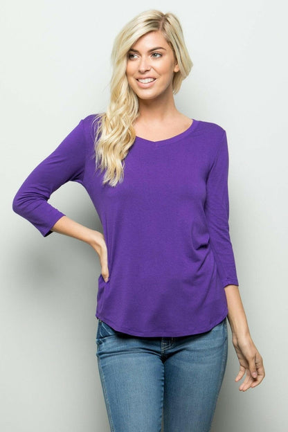 Celeste elegant three-quarter sleeve v-neck t-shirt in purple - plus size available