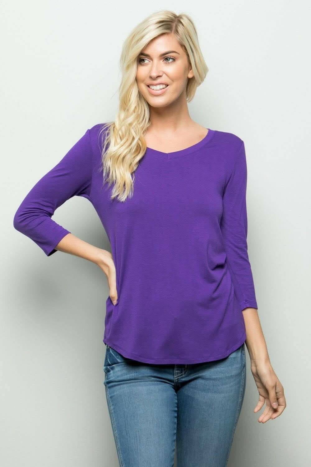 Celeste elegant three-quarter sleeve v-neck t-shirt in purple - 3XL