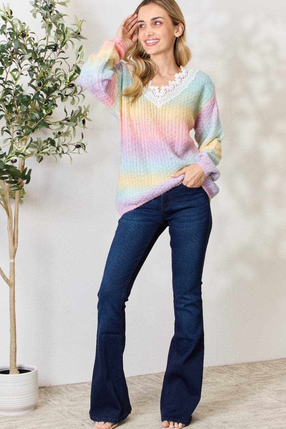 BiBi Rainbow Gradient Crochet Deetail Sweater.