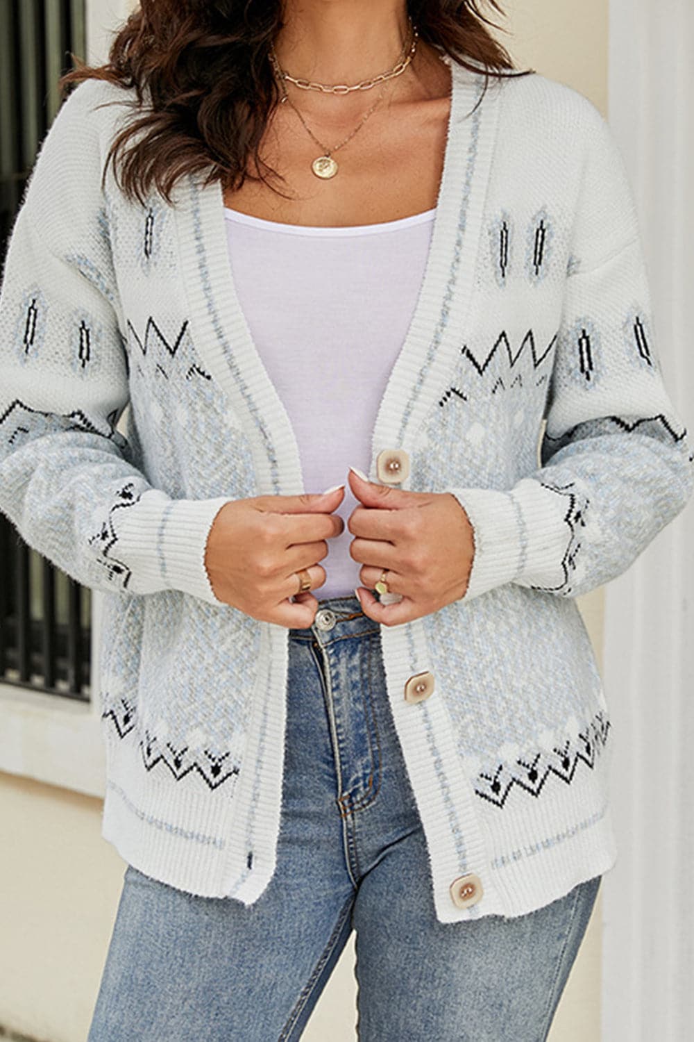 Printed V-Neck Buttoned Cardigan.