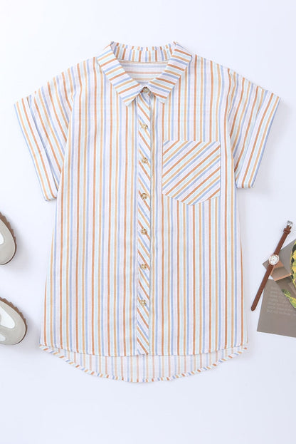 Pocketed Striped Collared Neck Short Sleeve Shirt.