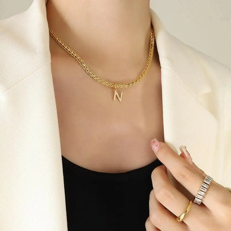Brass zircon letter pendant necklace - Love Salve 