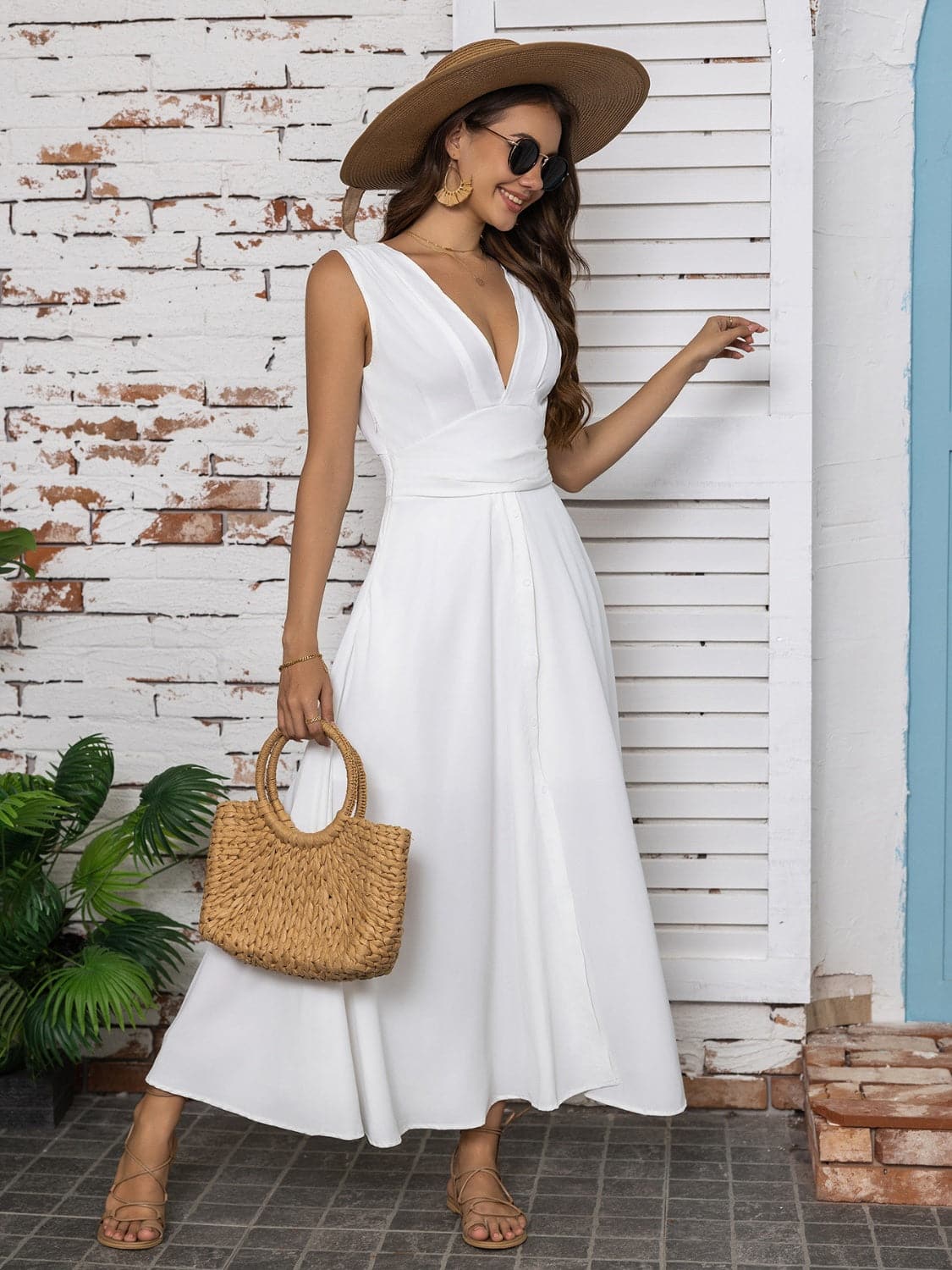 Full Size Slit V-Neck Sleeveless Midi Dress.