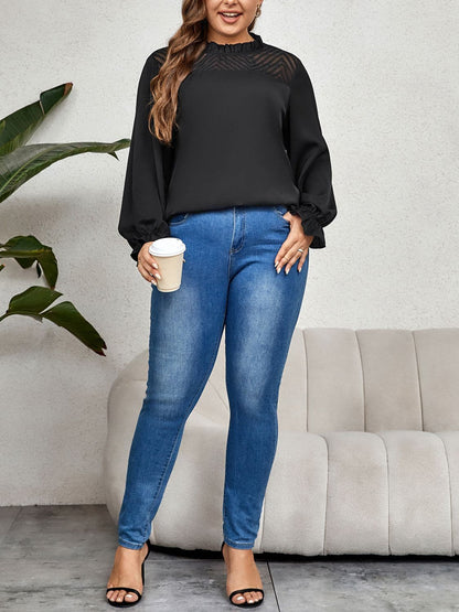 Plus Size Round Neck Flounce Sleeve Blouse.