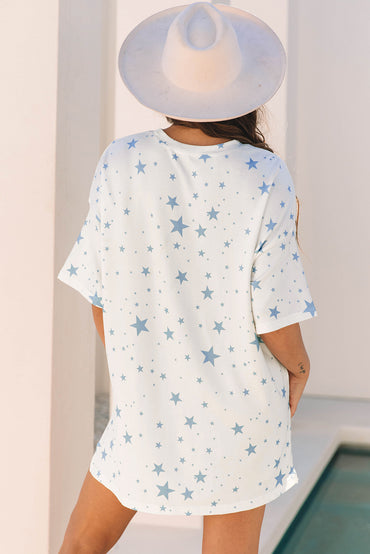 Sky Blue Stars Print Drop Shoulder Oversized T Shirt