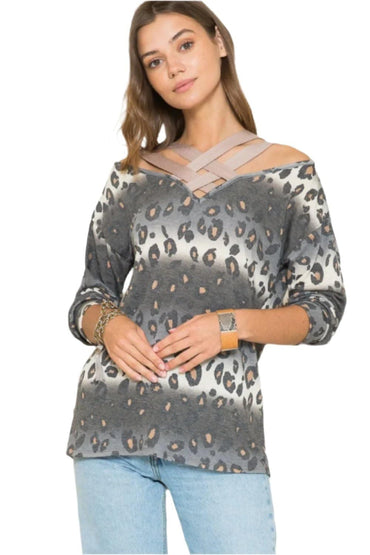 Celeste plus size leopard print long sleeve tee with braided strap in mustard