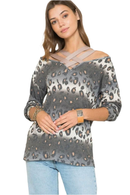 Celeste plus size leopard long sleeve tee with braided detail in mustard