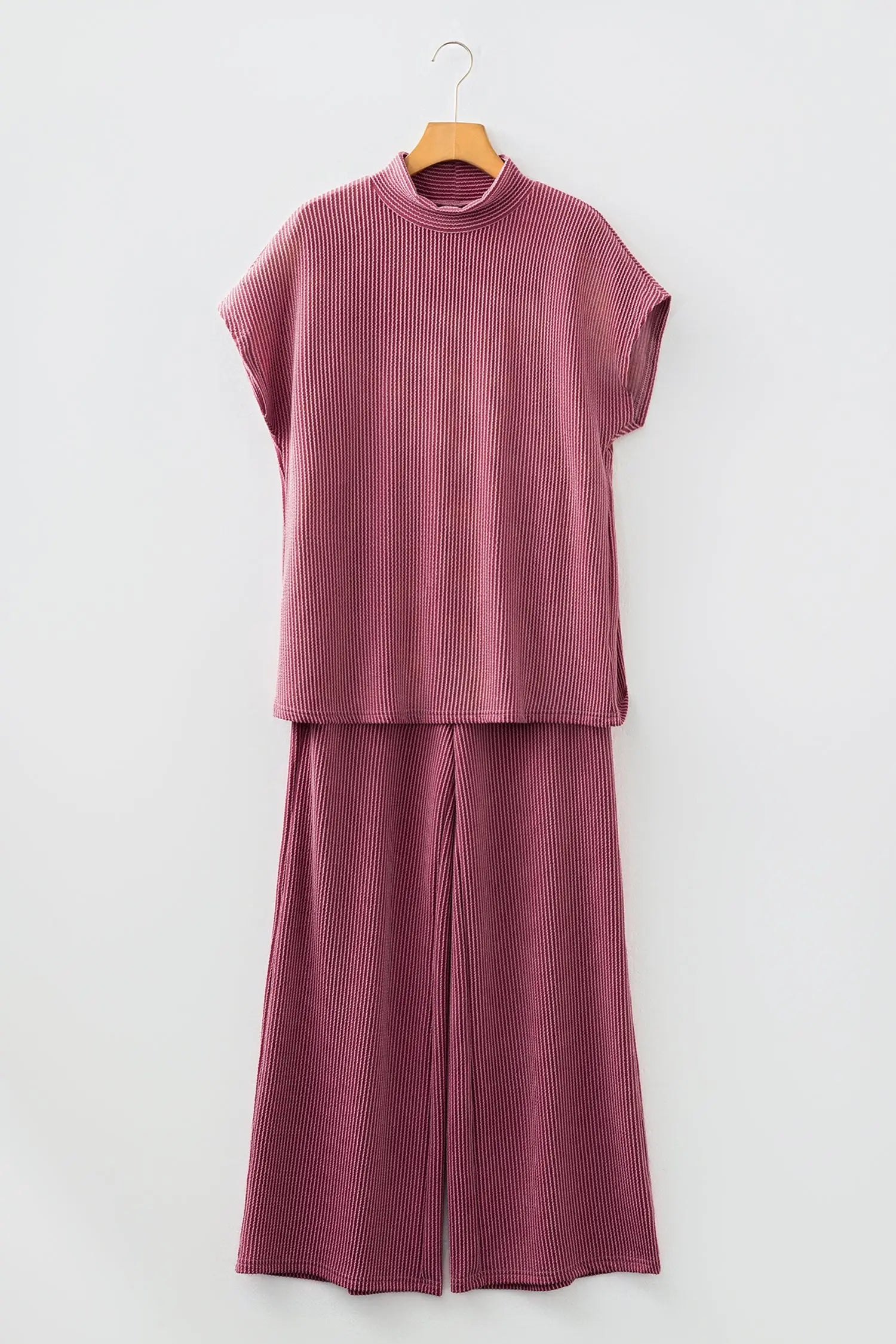 Burgundy Twisted Ribbed High Neck Tee and Elastic Waist Pants Set Dear-Lover Dropshipping