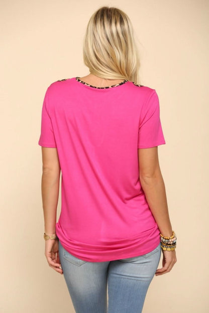 Fuchsia crisscross cutout t-shirt with leopard trim in full sizes