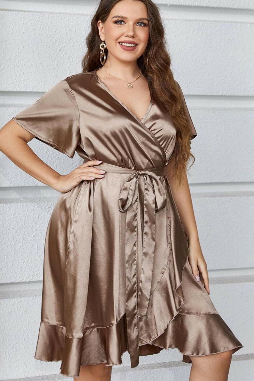 Plus Size Belted Ruffled Surplice DressEnhance Your Style with the Plus Size Belted Ruffled Surplice Dress
 
 
Style: Chic and classy
 
Pattern: Solid
 
Neckline: Surplice
 
Length: Knee Length
 
Sleeve LLove Salve Size Belted Ruffled Surplice DressCocktail Dresses