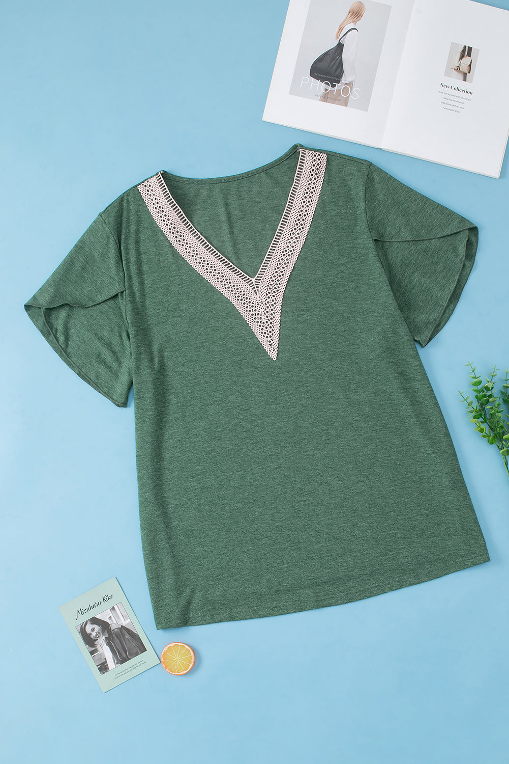 Chic blackish green plus size embroidered V-neck blouse with draped sleeves