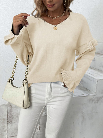 Ruffled V-Neck Dropped Shoulder Sweater.