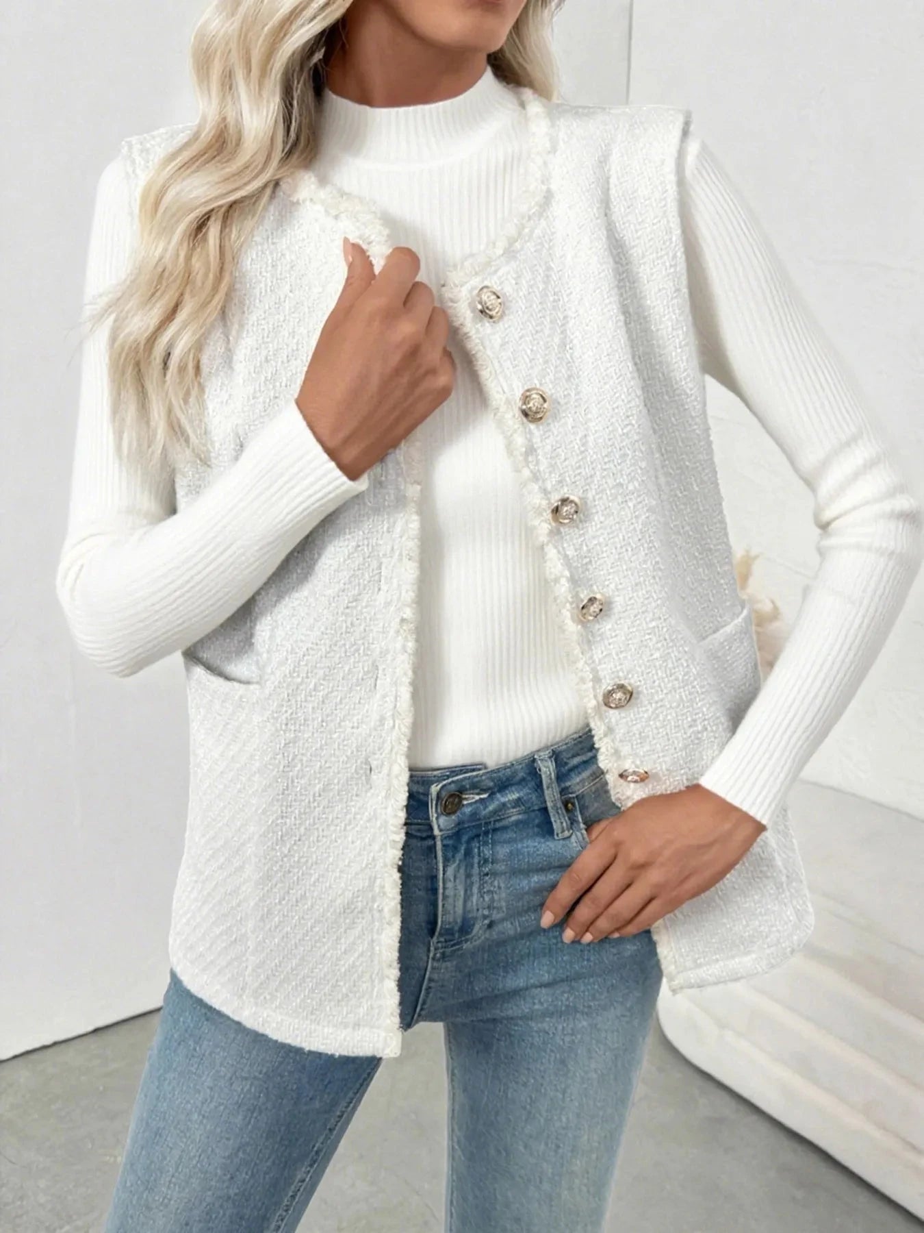 Textured Button-Front Vest with Raw Edge Coco’s Tee Boutique