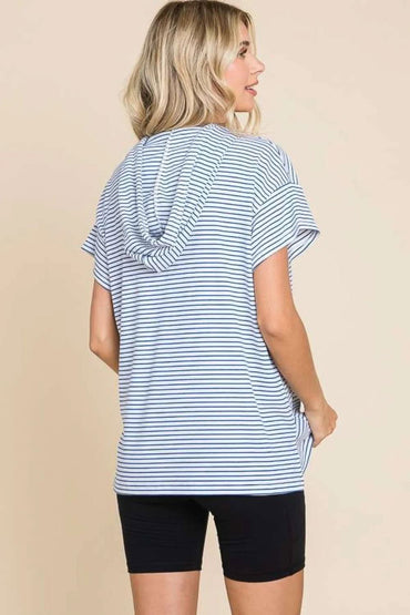 Love Salve Full Size Striped Short Sleeve Hooded Top