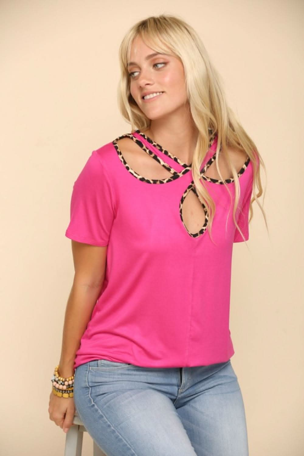 Fuchsia crisscross cutout t-shirt with leopard trim in full sizes