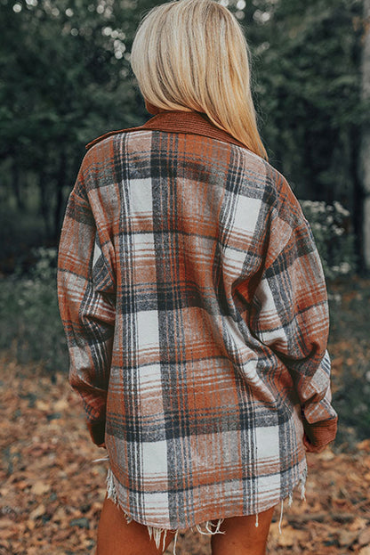 Cinnamon corduroy plaid shacket with chest pockets