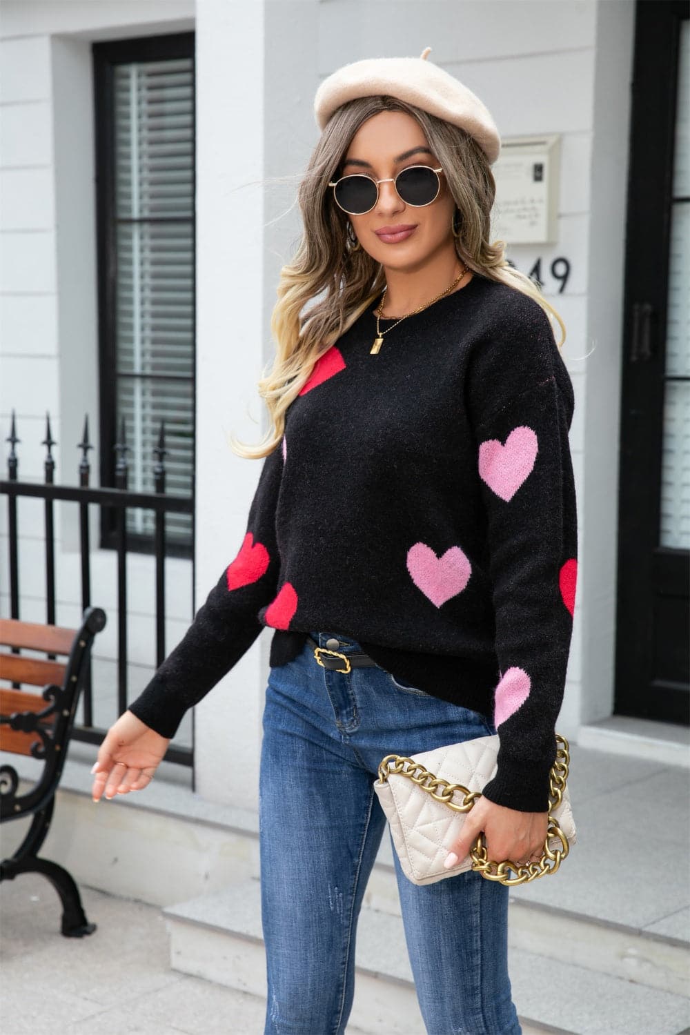 Heart Round Neck Droppped Shoulder Sweater.