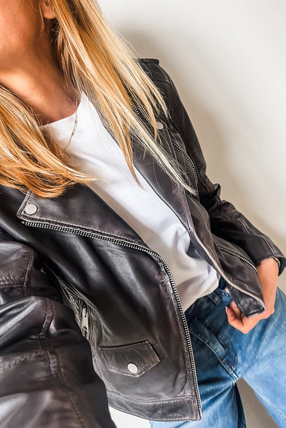 Chic black PU leather lapel collar motorcycle jacket