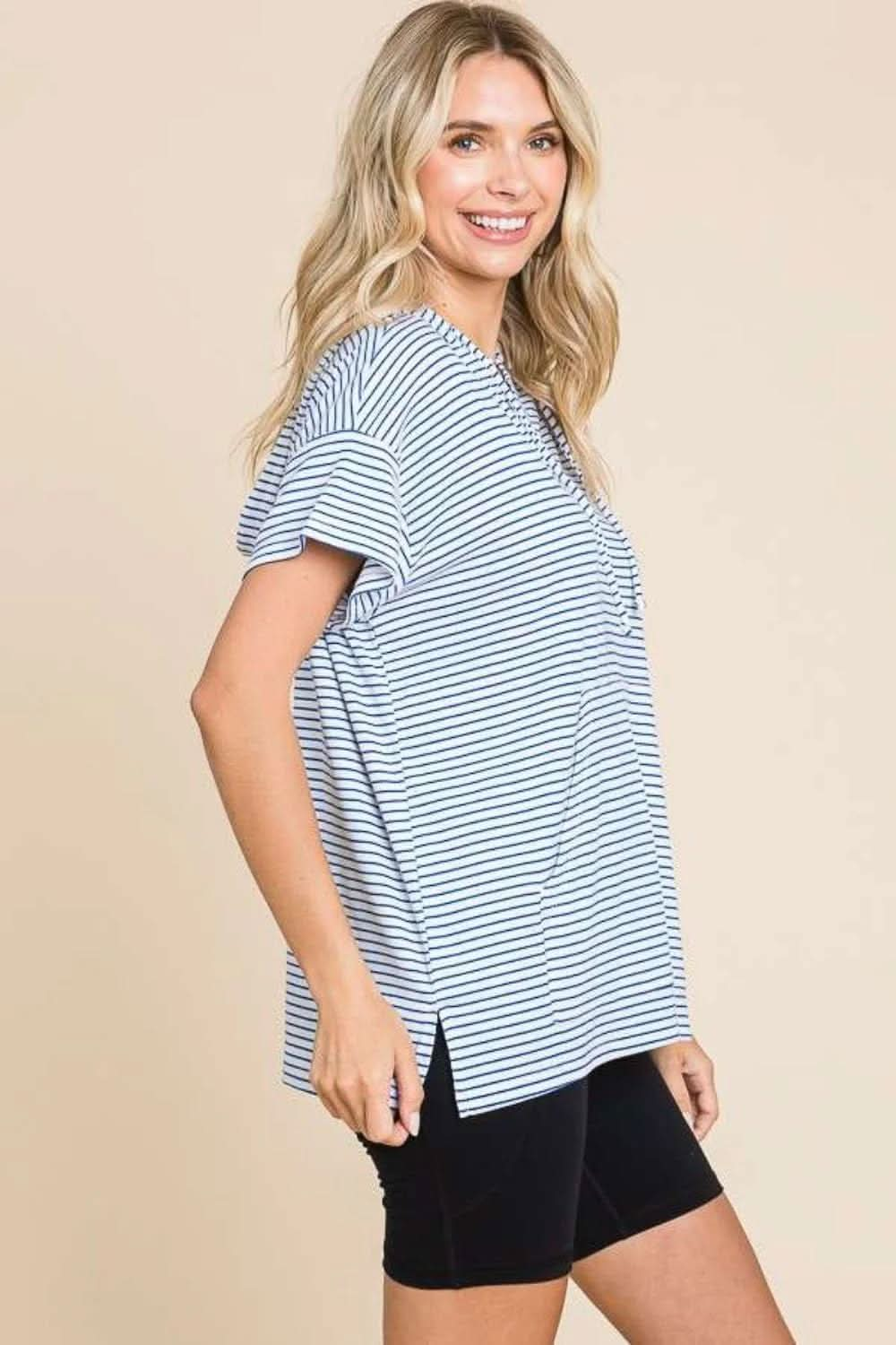 Love Salve Full Size Striped Short Sleeve Hooded Top