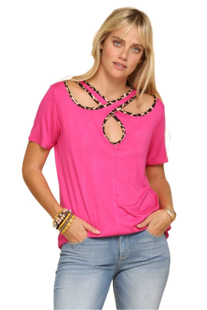 Fuchsia crisscross cutout t-shirt with leopard trim in full sizes