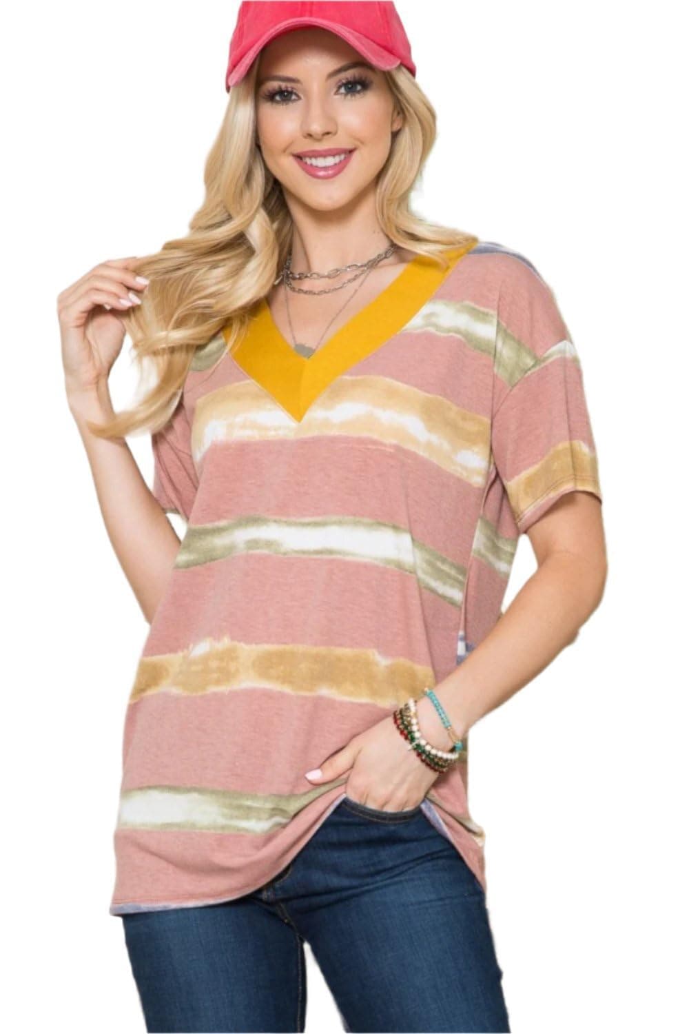 Love Salve Celeste Full Size Striped Short Sleeve V-Neck T-Shirt Mauve / 3XL