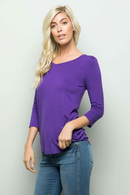 Celeste chic three-quarter sleeve v-neck t-shirt in red