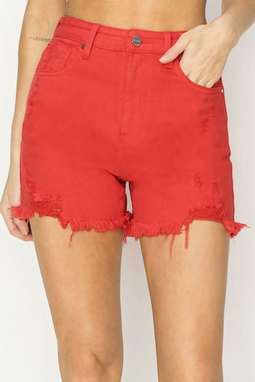 Chic edge high rise distressed denim shorts