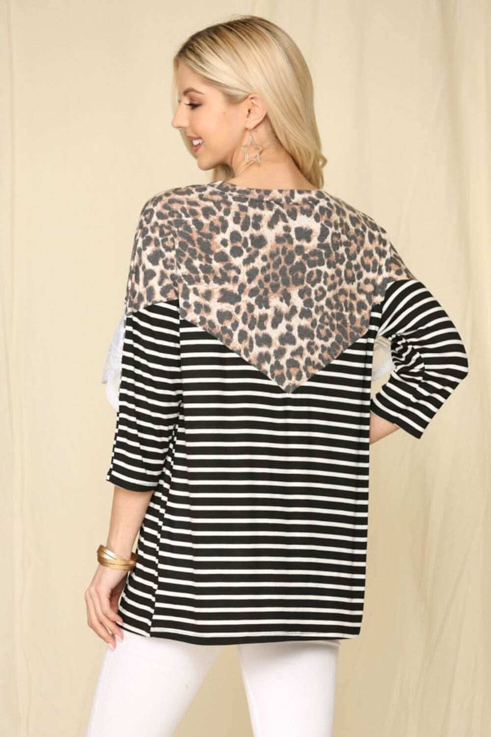 Celeste full-size lace and leopard print striped t-shirt