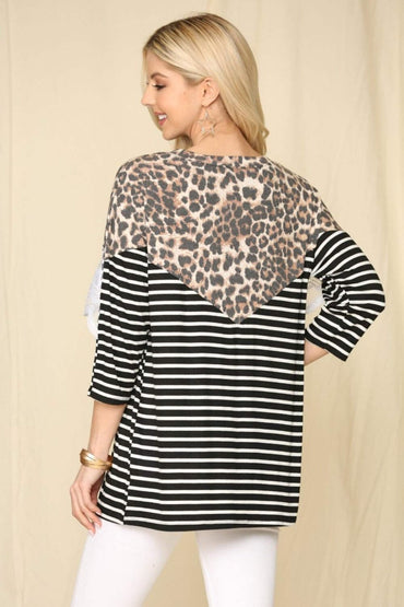 Celeste plus-size leopard print and lace detail spliced stripe tee