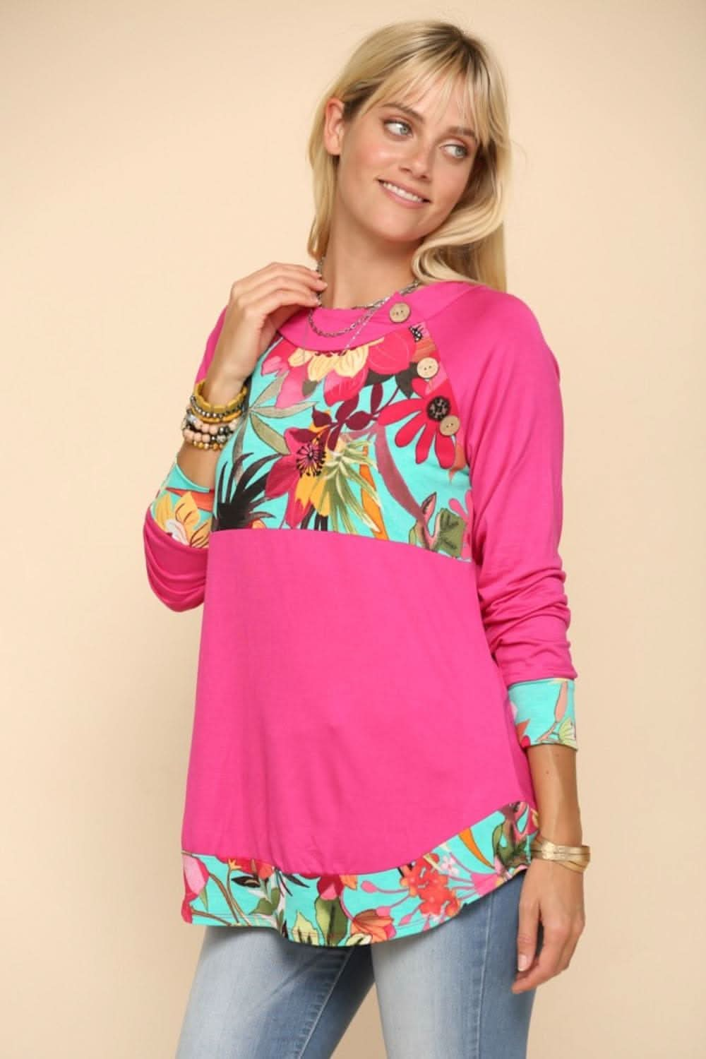 Celeste Full Size Tropical Print Long Sleeve T-Shirt Fuchsia / 1XL