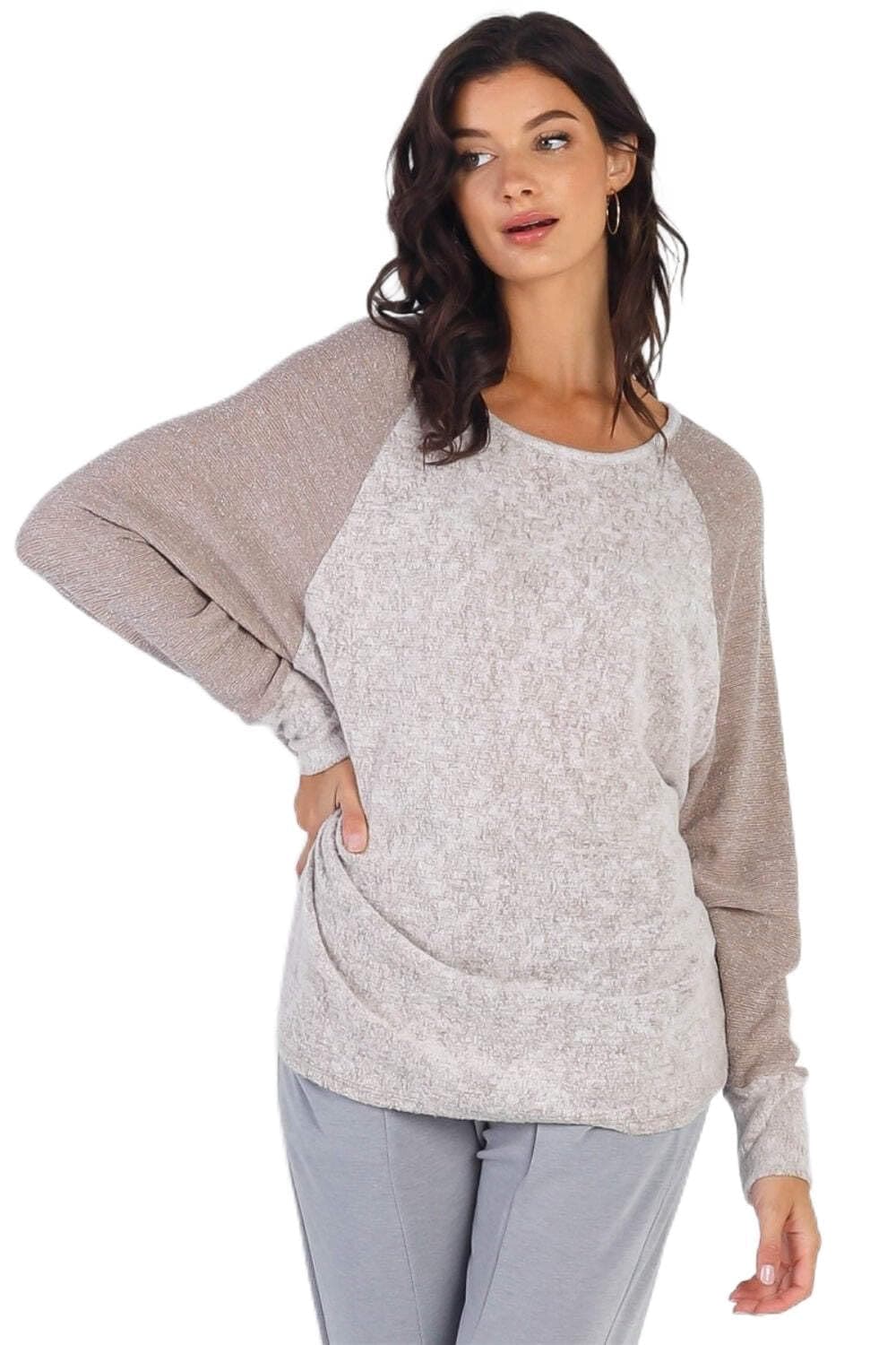 Chic taupe contrast top with long sleeves and round neckline