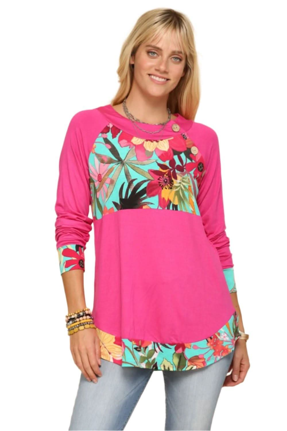 Celeste Full Size Tropical Print Long Sleeve T-Shirt Fuchsia / 1XL