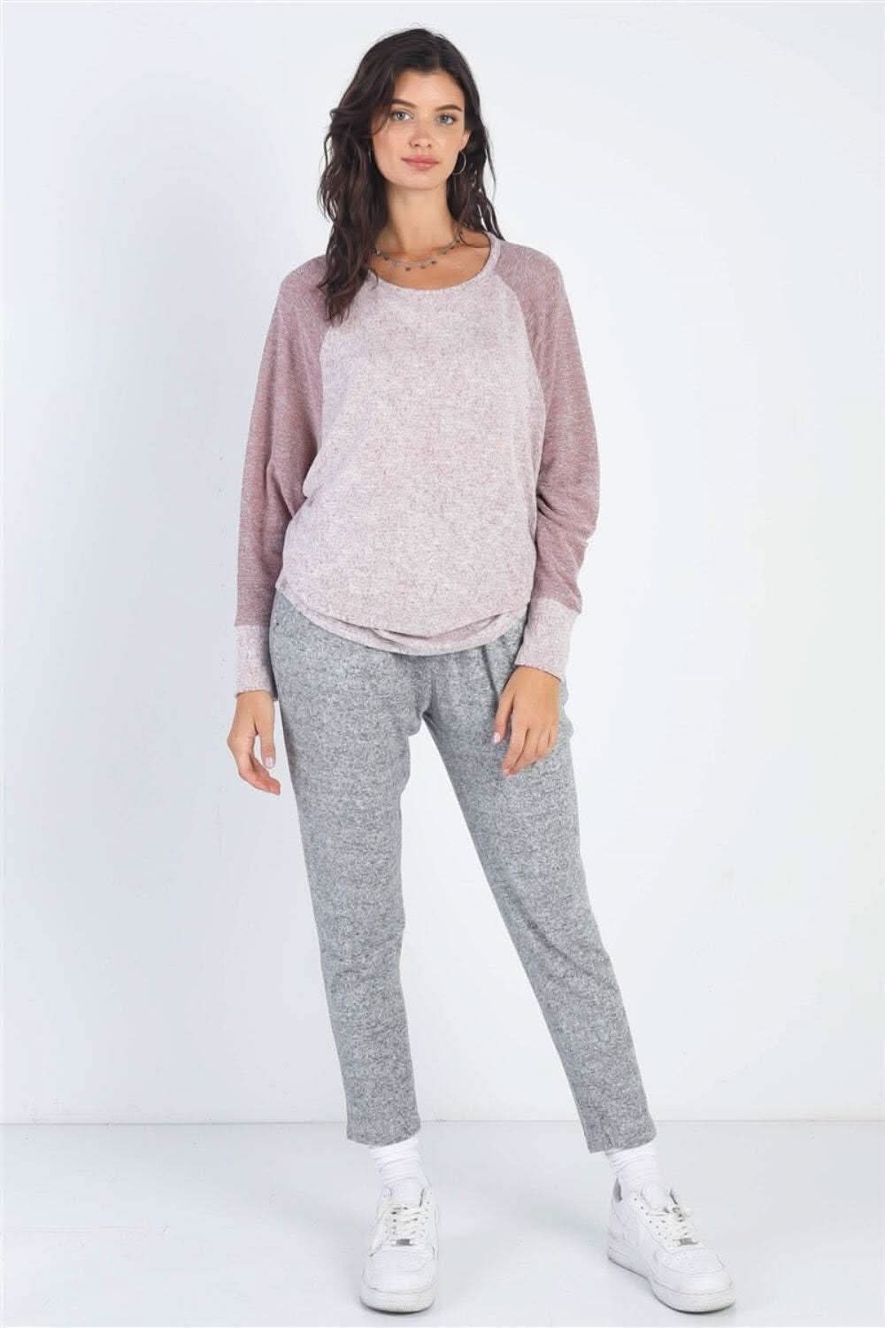 Elevate your style with the Cherish Apparel contrast long sleeve top in taupe