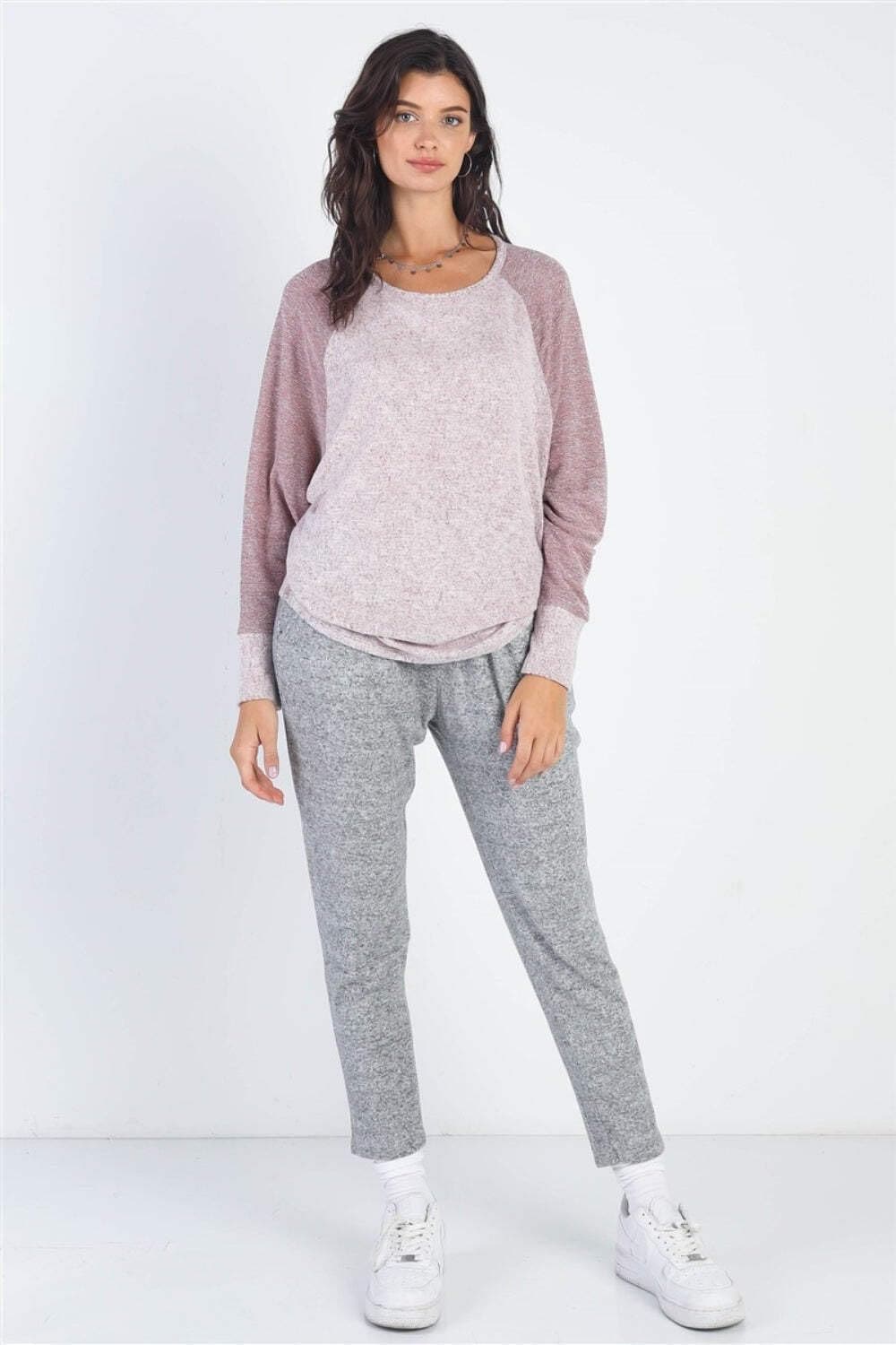 Chic contrast round neck long sleeve top in heather grey