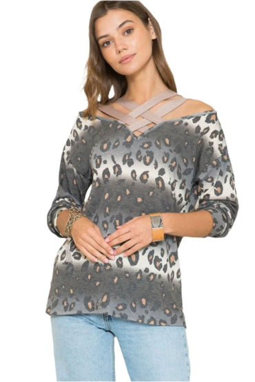 Celeste plus size leopard print long sleeve tee with braided accents in olive