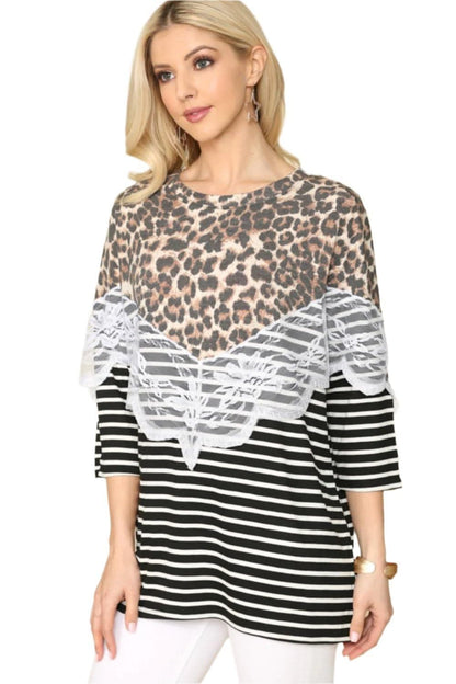 Celeste leopard print and lace spliced stripe t-shirt for full sizes