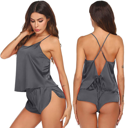 Ekouaer Silk Pajamas Set for Women Satin Backless Lingerie Pjs Cami Top and Shorts Nightwear