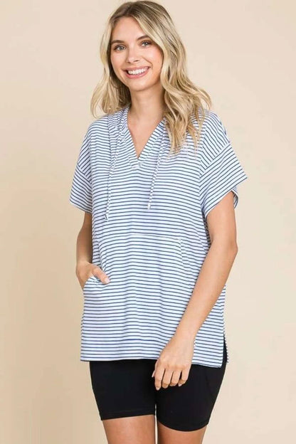 Love Salve Full Size Striped Short Sleeve Hooded Top