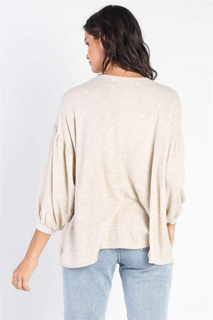 Cherish Apparel Drop Shoulder Puff Sleeve Top Oatmeal Ivory/S