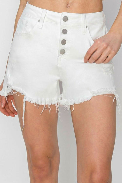 Frayed hem button fly denim shorts for a trendy summer look